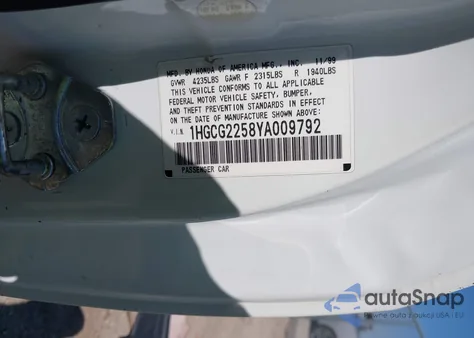 2000 Honda Accord 3.0 Ex from USA, damaged, VIN 1HGCG2258YA009792